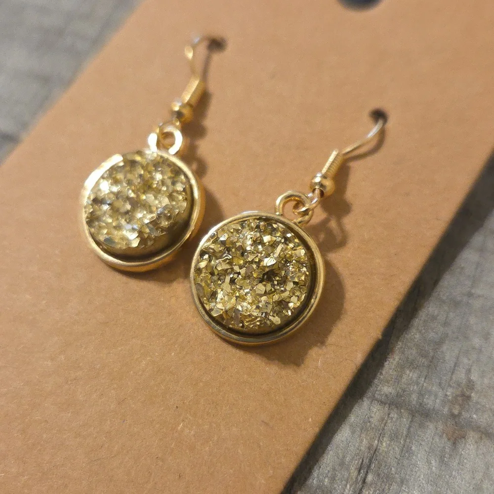 NEW Druzy Sparkly Drop Crystal Round Pendant Dangly Earrings Gold Gem & Gold